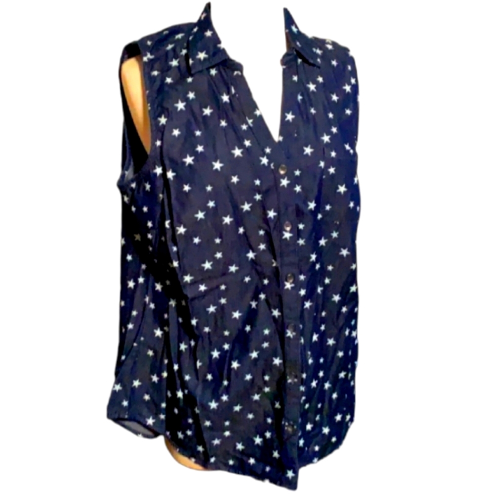 NWT KIM ROGERS Woven Cotton Dark Wash Button-Up Patriotic Sleeveless Blouse Top